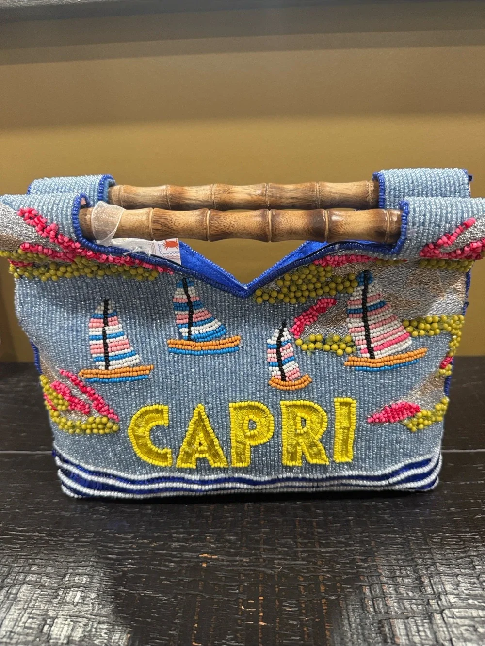 Capri Beaded Tote with Bamboo Handles - Blue